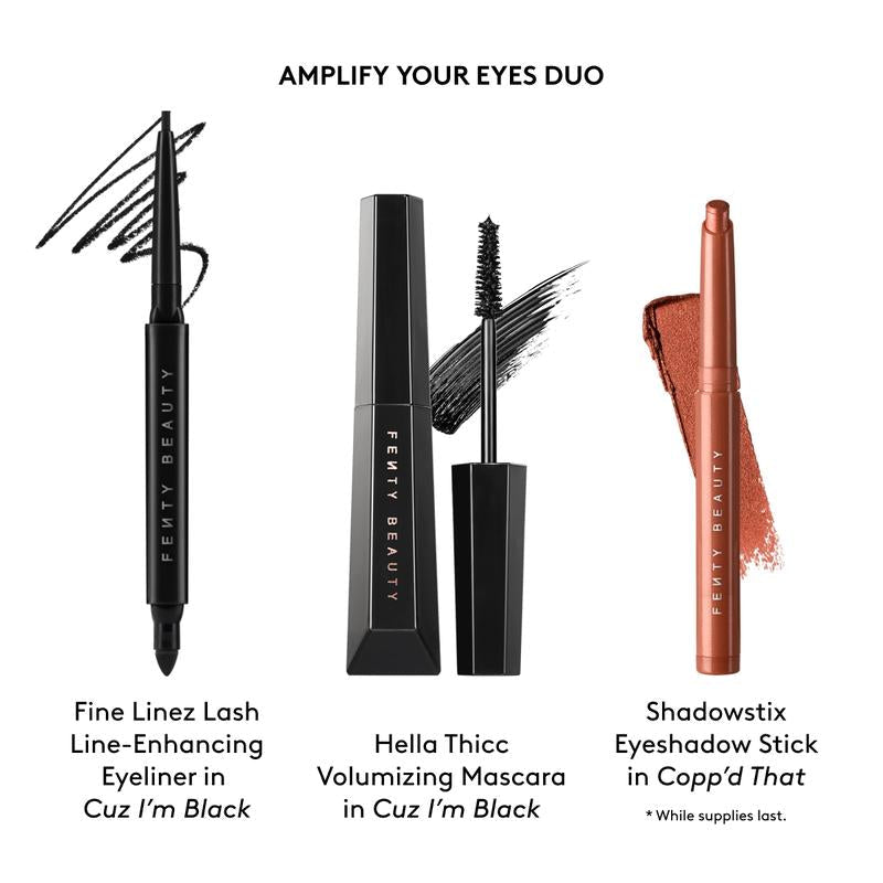 Fenty Beauty Amplify Your Eyes Duo: Fine Linez Lash Line-Enchancing Eyeliner + Hella Thicc Volumizing Mascara