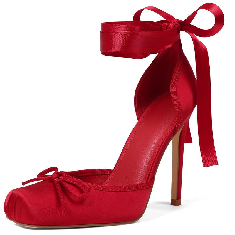 Women'S Satin Stiletto Heels - Elegant Ballet Slingback Pumps with Bow Accents, Square Toe & Lace-Up Closure for Wedding, Party, Special Occasions