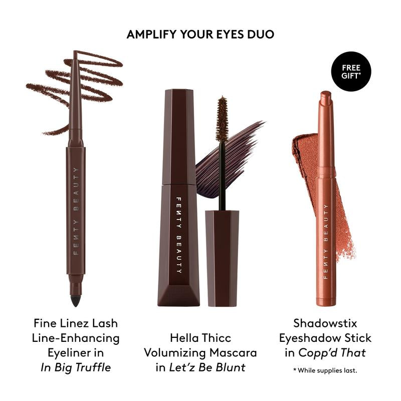 Fenty Beauty Amplify Your Eyes Duo: Fine Linez Lash Line-Enchancing Eyeliner + Hella Thicc Volumizing Mascara