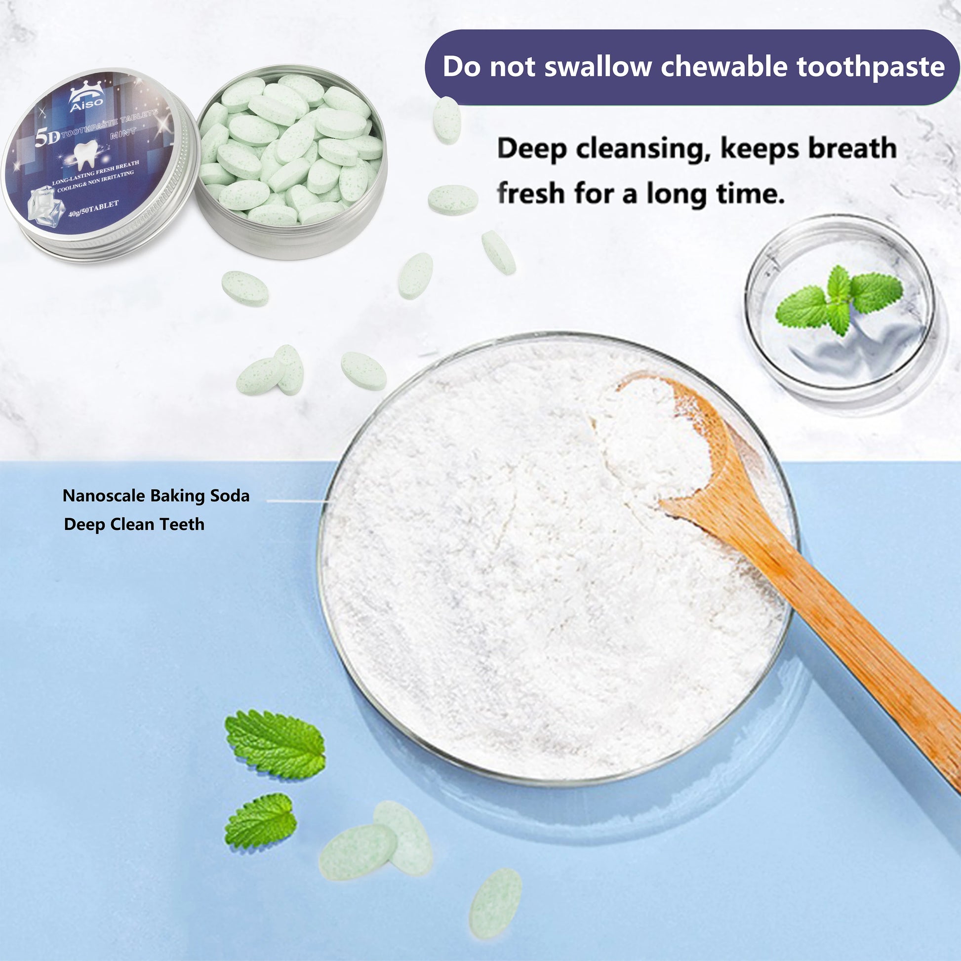 50 Tablets All-In-One Travel Mint Toothpaste Chewable Tablets, Travel Toothpaste, Deep Cleansing, Long-Lasting Fresh Breath