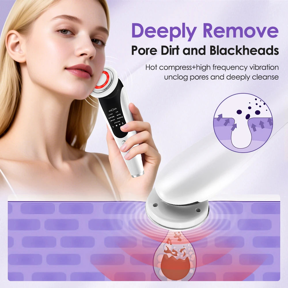 7 in 1 EMS Facial Massager Face Beauty Instrument with Induced Vibration and Hot Compress Face Skin Care Tool LED Light Therapy