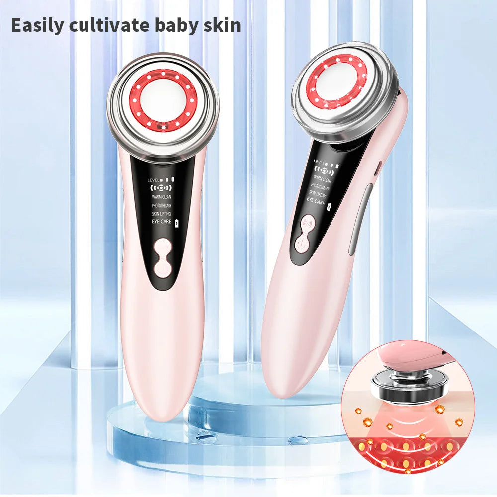7 in 1 EMS Facial Massager Face Beauty Instrument with Induced Vibration and Hot Compress Face Skin Care Tool LED Light Therapy