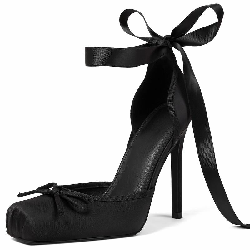 Women'S Satin Stiletto Heels - Elegant Ballet Slingback Pumps with Bow Accents, Square Toe & Lace-Up Closure for Wedding, Party, Special Occasions